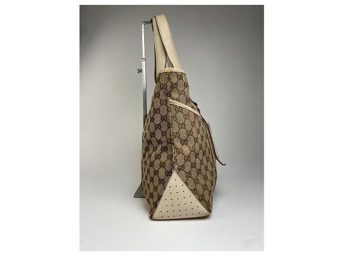 Vintage Gucci Monogram Handtasche Beige Braun Weiß - Ansicht 7