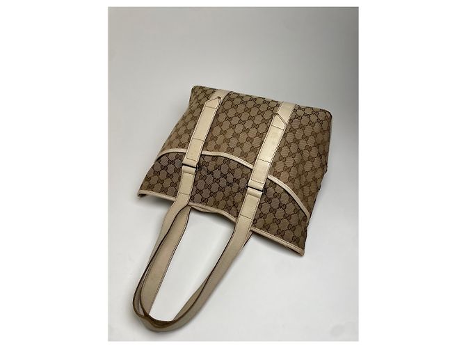 Vintage Gucci Monogram Handtasche Beige Braun Weiß - Ansicht 8