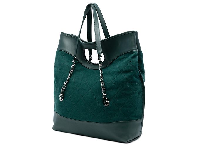 Borsa shopping Chanel verde extra large in lana e pelle di vitello 31 Verde scuro - vista 2