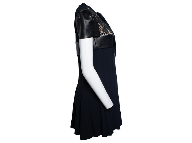 Vestido de painel de renda com acabamento em couro Saint Laurent em preto - vista 4
