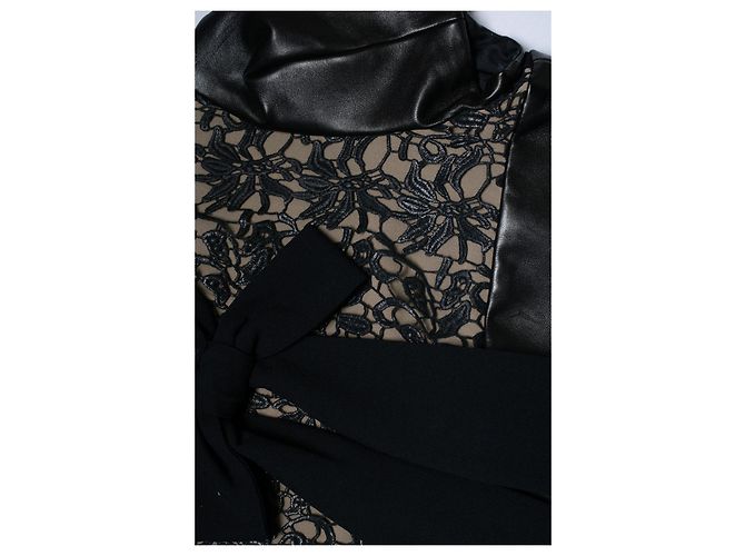 Vestido de painel de renda com acabamento em couro Saint Laurent em preto - vista 5
