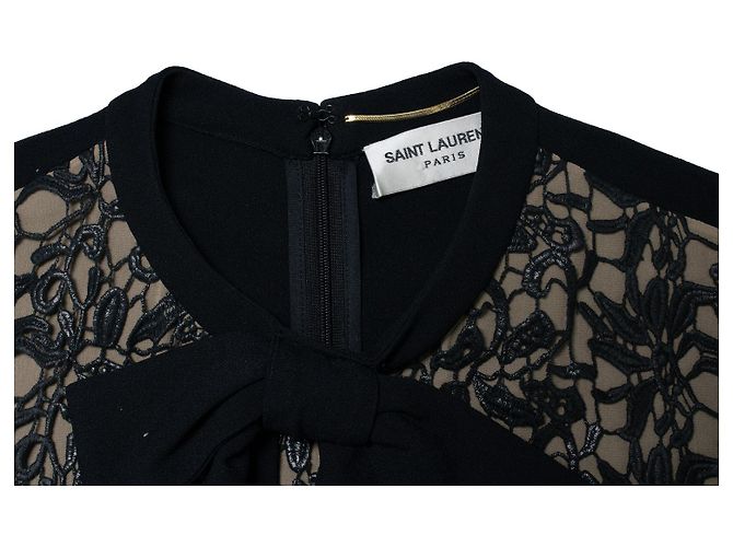 Vestido de painel de renda com acabamento em couro Saint Laurent em preto - vista 7