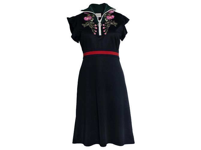 Schwarzes technisches Jersey-Kleid mit Blumen und Rollkragen von Gucci - Ansicht 2