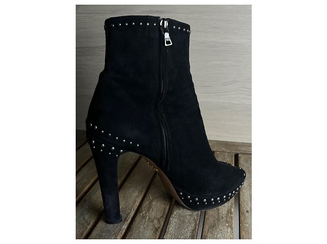 2000s Prada Milano - Vintage suede booties with silver pearl studs Black Silvery - view 4