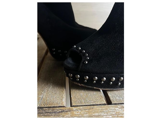 2000s Prada Milano - Vintage suede booties with silver pearl studs Black Silvery - view 5