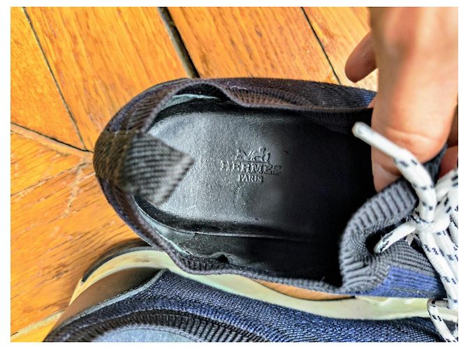 Hermès Addict Leder Sneakers Schwarz Marineblau - vista 5