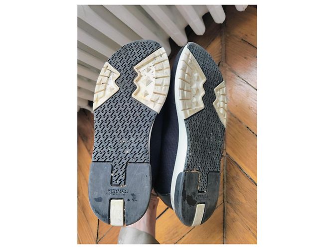Hermès Addict Leder Sneakers Schwarz Marineblau - vista 6
