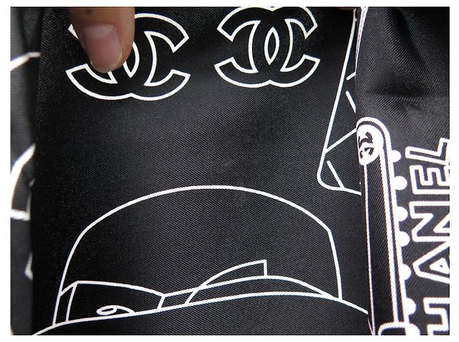 NUOVO FULARD CHANEL LOGO CC CAPPELLO BORSA QUADRATA 90 SETA NERA Nero - vista 13