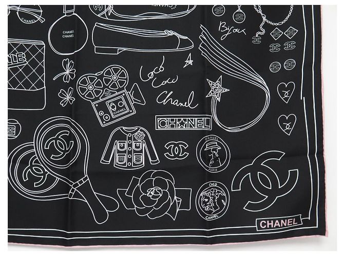 NUOVO FULARD CHANEL LOGO CC CAPPELLO BORSA QUADRATA 90 SETA NERA Nero - vista 5