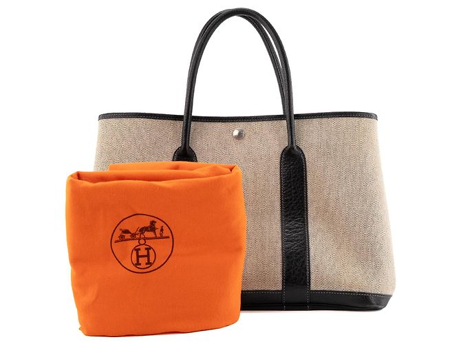 HERMÈS - Borsa a mano Garden Party Hermès in tela crema e pelle nera Beige - vista 11