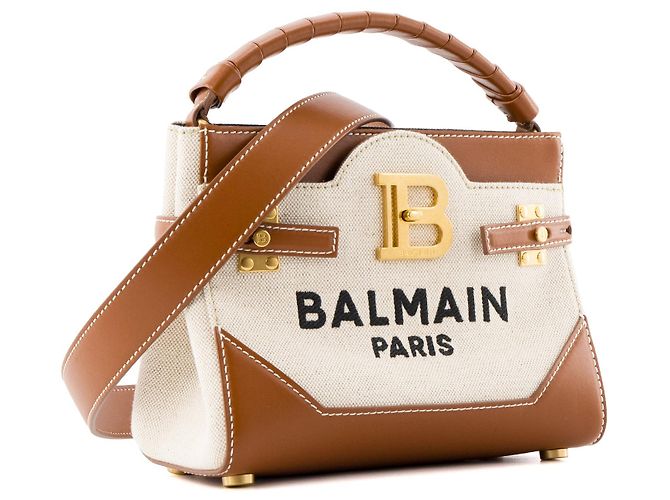 BALMAIN - B-Buzz 22 Umhängetasche von Balmain aus beigem Canvas und braunem Leder - Ansicht 2