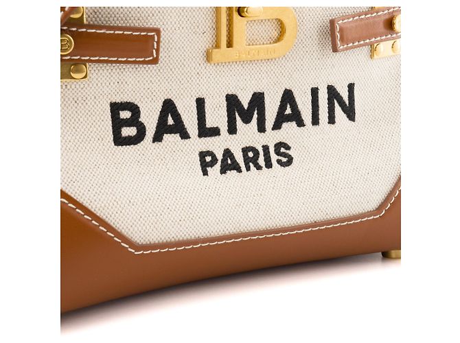 BALMAIN - B-Buzz 22 Umhängetasche von Balmain aus beigem Canvas und braunem Leder - Ansicht 5