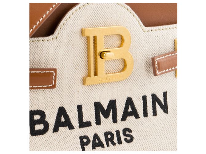 BALMAIN - B-Buzz 22 Umhängetasche von Balmain aus beigem Canvas und braunem Leder - Ansicht 6