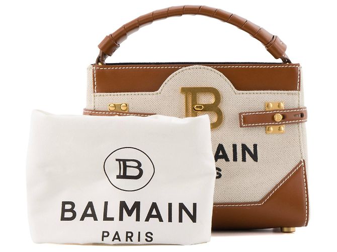 BALMAIN - B-Buzz 22 Umhängetasche von Balmain aus beigem Canvas und braunem Leder - Ansicht 9