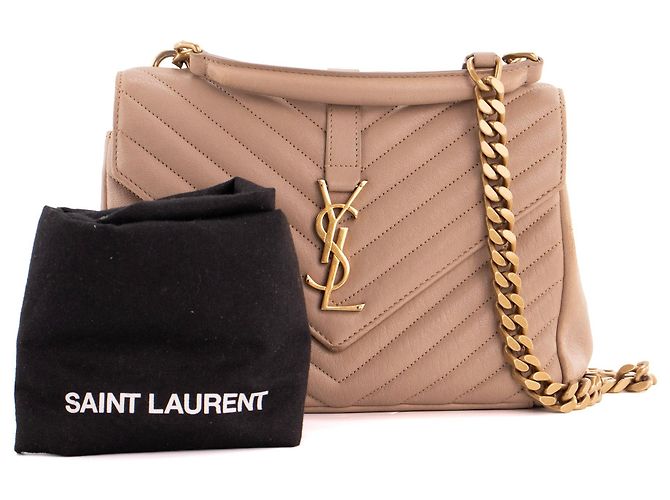 SAINT LAURENT - Borsa a tracolla Collège Saint Laurent in pelle grana beige - vista 12