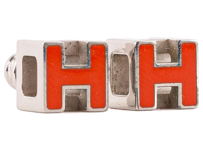 HERMÈS - Ohrringe Cage d'H Hermès aus versilbertem Metall und orangefarbener Emaille - Ansicht 2