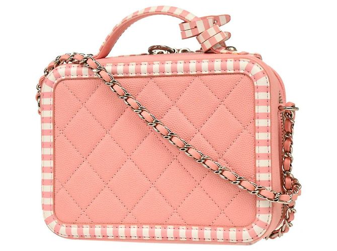 Chanel Vanity Case Filigrana Caviar Trapuntato con Pelle Striata Piccolo Rosa - vista 2