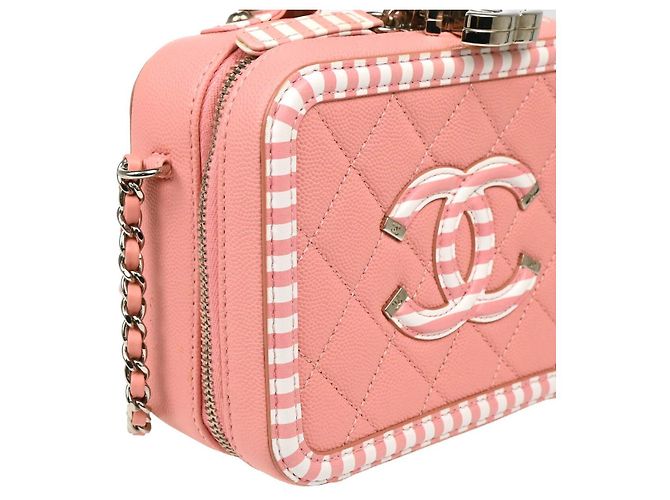 Chanel Vanity Case Filigrana Caviar Trapuntato con Pelle Striata Piccolo Rosa - vista 3