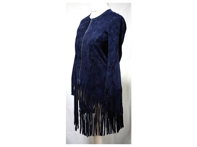Chaqueta Sandro de cuero de cabra azul marino con flecos - vista 2