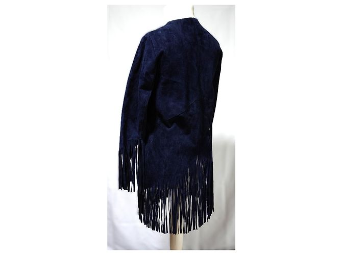 Chaqueta Sandro de cuero de cabra azul marino con flecos - vista 3