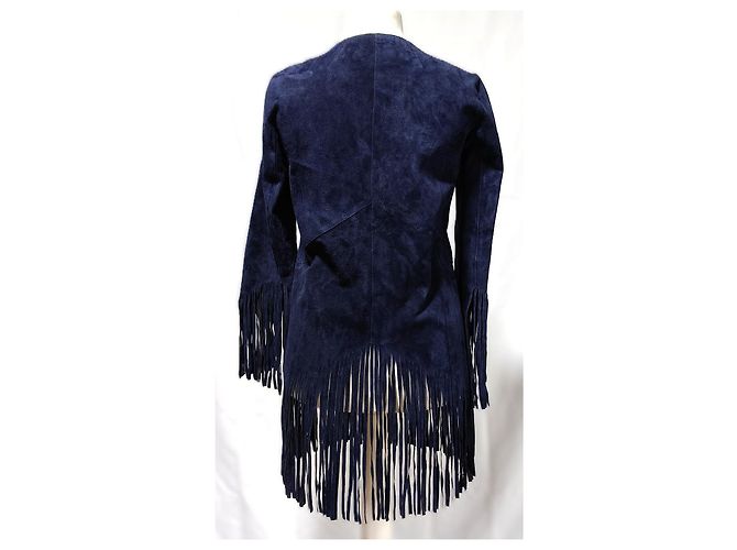 Chaqueta Sandro de cuero de cabra azul marino con flecos - vista 4