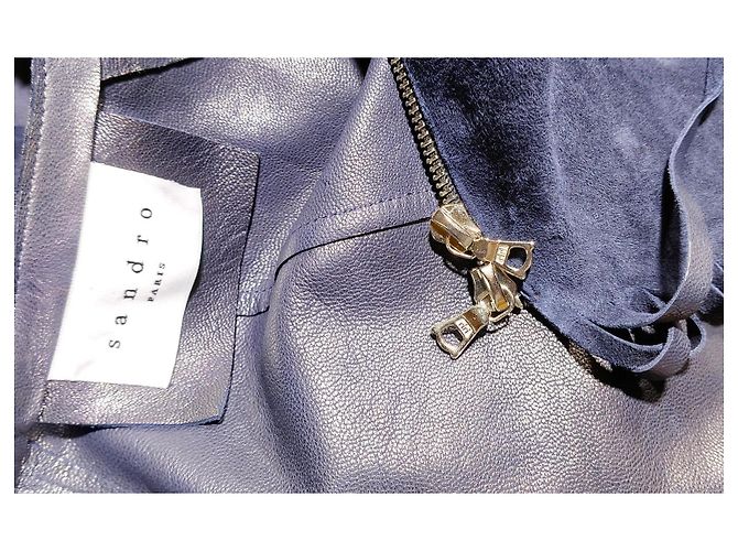 Chaqueta Sandro de cuero de cabra azul marino con flecos - vista 6