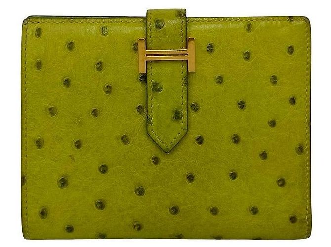 Portefeuille compact en cuir d'autruche Hermès Béarn Vert - vue 2