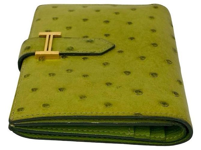 Portefeuille compact en cuir d'autruche Hermès Béarn Vert - vue 5