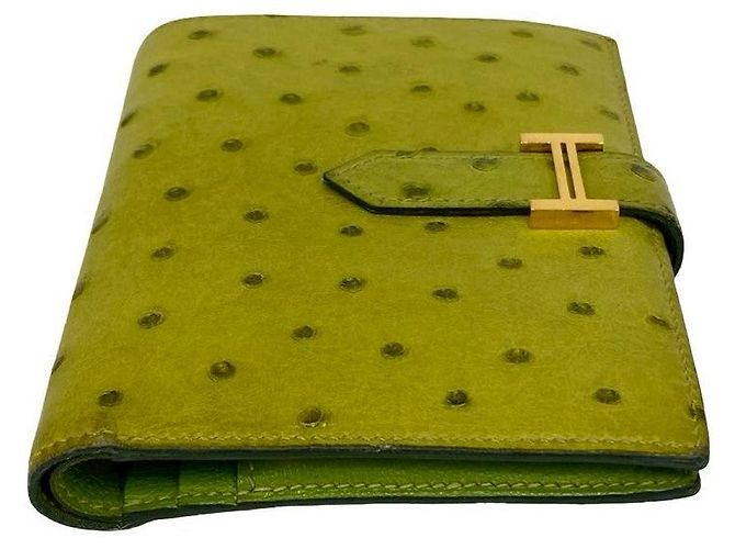 Portefeuille compact en cuir d'autruche Hermès Béarn Vert - vue 6