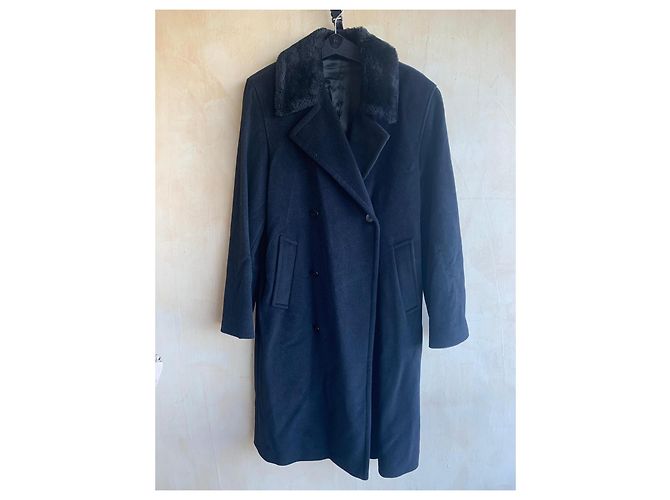 Agnès b. Wool Coat with Synthetic Fur Collar Black Size 52 - view 2