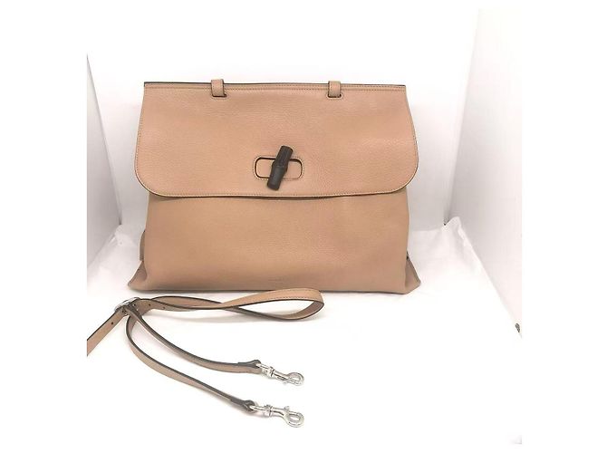 Borsa in pelle beige Gucci Medium Daily Bamboo con manico superiore - vista 3