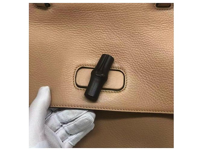 Borsa in pelle beige Gucci Medium Daily Bamboo con manico superiore - vista 7