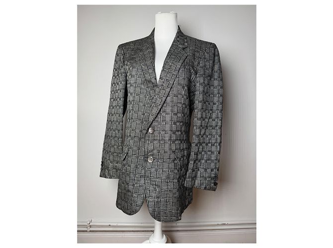 Vintage Balenciaga Karierter Wollblazer Grau Weiß Schwarz - Ansicht 8