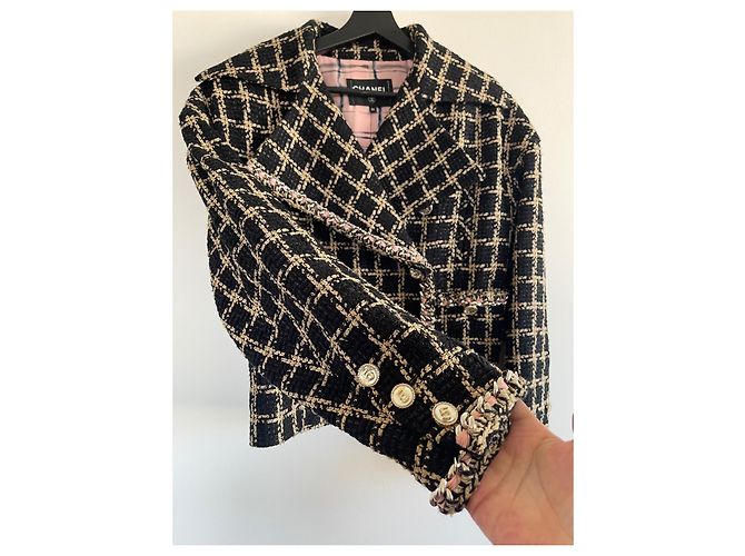 Giacca Chanel in tweed nero seta e cotone - vista 5