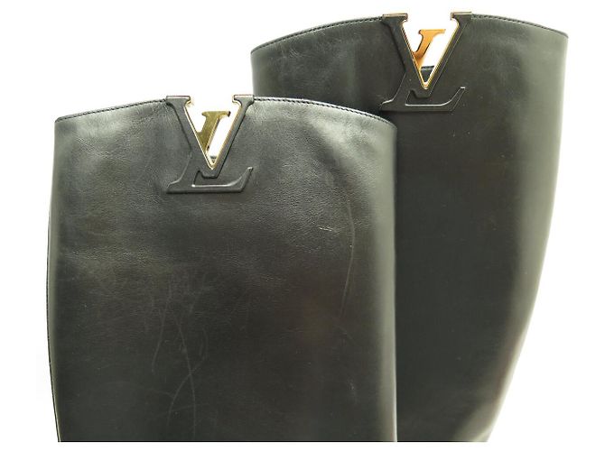 LOUIS VUITTON HERITAGE CAVALIERES SCHWARZE LEDERSTIEFEL MIT LV-LOGO 37 REITSTIEFEL - Ansicht 13