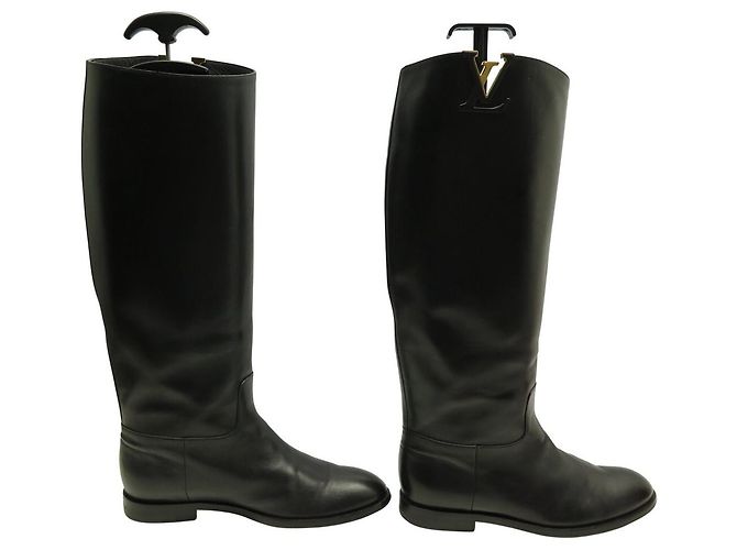 LOUIS VUITTON HERITAGE CAVALIERES SCHWARZE LEDERSTIEFEL MIT LV-LOGO 37 REITSTIEFEL - Ansicht 4