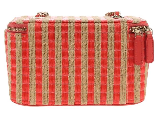 Vanity Trucco Classico Chanel con Catena in Rafia Striata e Juta Piccolo Beige - vista 2