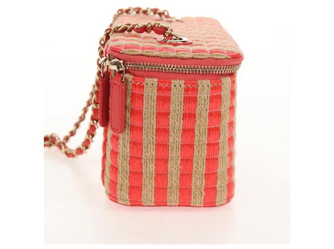 Vanity Trucco Classico Chanel con Catena in Rafia Striata e Juta Piccolo Beige - vista 3