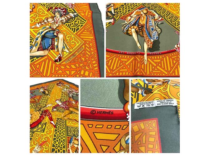 Silk In Sciarpa Hermès - Carré 90, Les Ballets Russes, Kaki/Arancio Arancione Cachi - vista 3