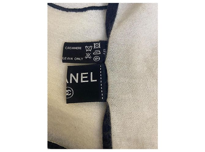 Chanel XL Elfenbein Schwarz Kaschmir Doppel CC Schal Tuch Beige - Ansicht 10