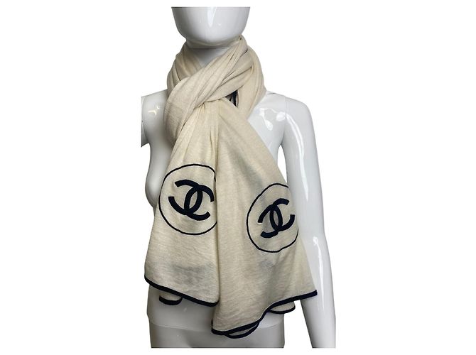 Chanel XL Elfenbein Schwarz Kaschmir Doppel CC Schal Tuch Beige - Ansicht 2