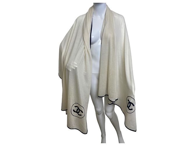 Chanel XL Elfenbein Schwarz Kaschmir Doppel CC Schal Tuch Beige - Ansicht 3