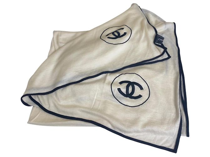 Chanel XL Elfenbein Schwarz Kaschmir Doppel CC Schal Tuch Beige - Ansicht 4