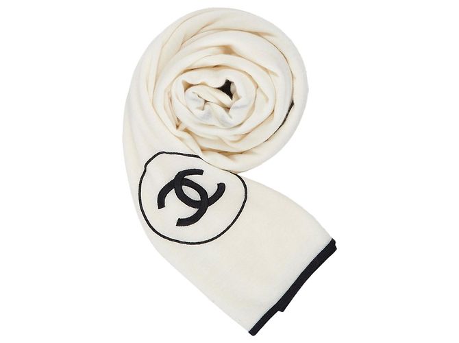 Chanel XL Elfenbein Schwarz Kaschmir Doppel CC Schal Tuch Beige - Ansicht 5