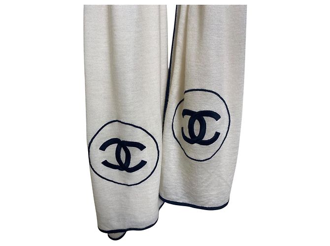 Chanel XL Elfenbein Schwarz Kaschmir Doppel CC Schal Tuch Beige - Ansicht 6