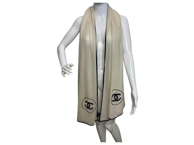 Chanel XL Elfenbein Schwarz Kaschmir Doppel CC Schal Tuch Beige - Ansicht 7