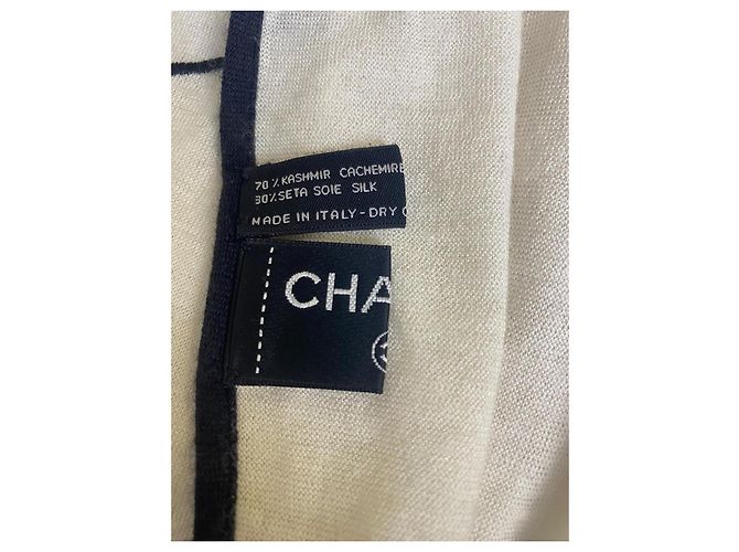 Chanel XL Elfenbein Schwarz Kaschmir Doppel CC Schal Tuch Beige - Ansicht 9
