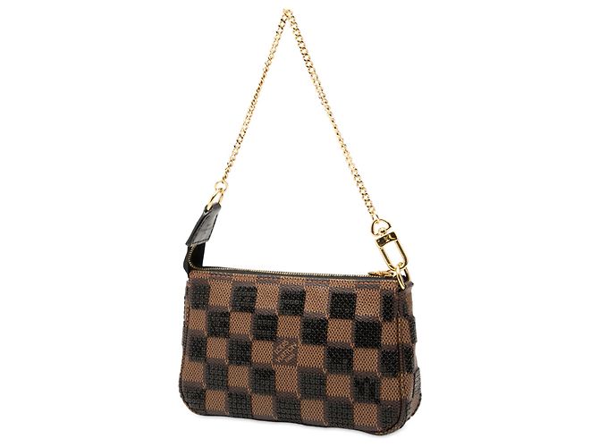 Mini Pochette Accessoires Louis Vuitton in paillettes Damier Ebene marrone - vista 2