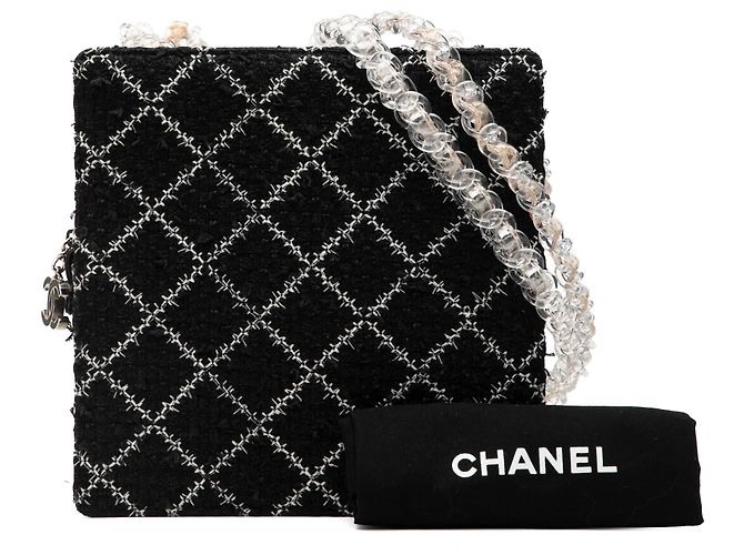 Borsa da shopping con catena e zip in tweed nero e resina Chanel - vista 8