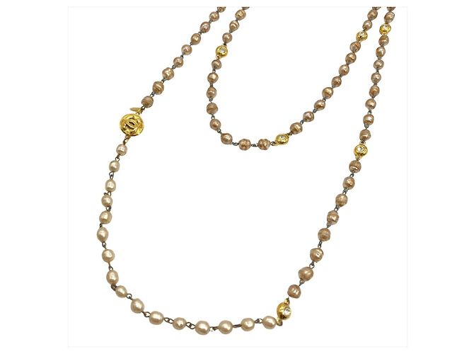 Collana Lunga Chanel in Oro con Perla Finta e Strass D'oro - vista 2